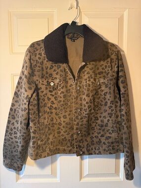 Rock & Republic Olive and Dark Brown Leopard Jean Jacket, removable collar NWT
